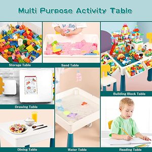 lot 72 image: idoot 7 in 1 Multi Kids Activity Table Set with 2 Chairs, 100 Large Size Blocks