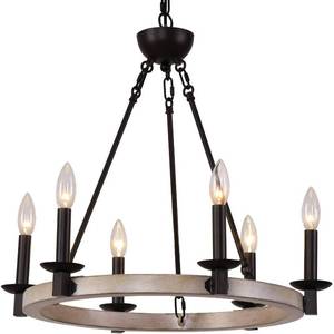 lot 47 image: Q&S Farmhouse Wagon Wheel Chandellier, Metal and Oak