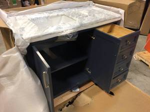 Sandon 48 in. W x 22 in. D Bath Vanity in Midnight Blue with Marble Vanity Top in Carrara White with White Basin by Home Decorators Collection Broken Please Review All Photos
