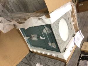 Hamilton Shutter 25 in. W x 22 in. D Bath Vanity in Sea Glass with Granite Vanity Top in Grey by Home Decorators Collection Customer Returns See Pictures