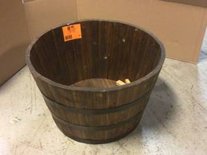 lot 50 image: Vigoro 25.98 in. Dia x 16.54 in. H Round Wooden Barrel Planter Customer Returns See Pictures