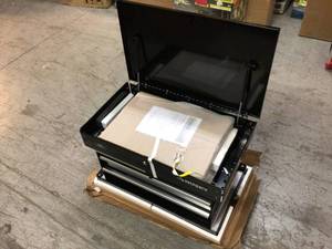 lot 108 image: 33 in 4-Drawer Mechanics Cart with Extended Side Table and Bottle Tray by Husky Customer Returns See Pictures