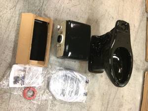 lot 110 image: 2-piece 1.0 GPF1.28 GPF High Efficiency Dual Flush Elongated Toilet in Black by Glacier Bay Customer Returns See Pictures