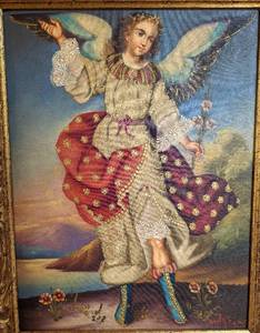 lot 8 image: Gold Framed Archangel Oil Painting