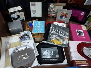 Lot Of Assorted Frames, Photo Albums, Wedding Albums, Stickers, 2-Photo Coaster Sets (New & Like New)