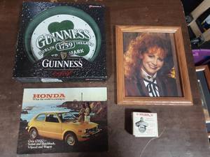 Guinness Clock, Starr X Bottle Opener, Framed Reba McIntire Photo, Vintage Honda Brochure