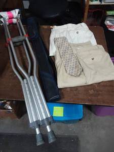 2-Pair Mens Dress Pants (Size 34), Pair Crutches, Pool Cue Case