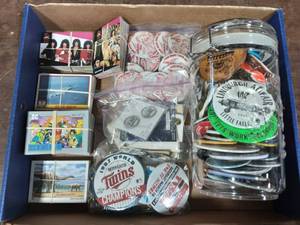 Box Of Collector Cards Military, Music Bands, Dinosaurs, DC Comics Characters, Container Of Buttons, Military Pins & More