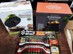 New In Boxes Pretzel Maker, Bowl Set & Spice Shelf