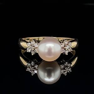 Tranquil Elegance 7.79mm White Cultured Pearl & 0.12ctw Diamond Cluster Estate Ring in 14k Yellow Gold VIDEOS