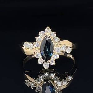 Vintage Style Sophistication 1.26ctw Marquise Sapphire &amp Diamond Cluster Estate Cocktail Ring in 14k Yellow Gold
