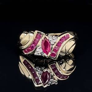 Rich Red Sophistication Natural Ruby &amp Diamond Ribbon Channel Bypass Wave Cocktail Estate Ring in Yellow Gold VIDEO