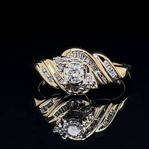 Sparkling Swirl 0.40ctw Diamond Solitaire Baguette Cluster Engagement Cocktail Ring in Yellow Gold Estate