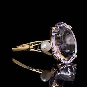 Statement Style Large Pink Quartz & Pearl Ring w Euro Shank in 14k Yellow Gold Estate & Unique