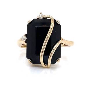 Midnight Black Emerald Cut Onyx & Diamond Ribbon Estate Ring in 14k Yellow Gold