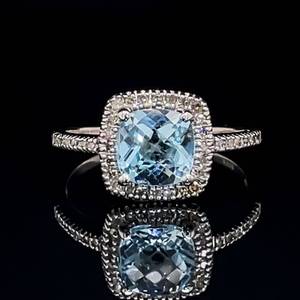 Vintage Elegance Natural Aquamarine & Diamond Halo Cushion Estate Ring in White Gold $1950 Retail