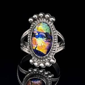 Breathtaking Colors Vintage Estate Ring Mother of PearlOpal Appearance in Handcrafted 925 Sterling Silver. Eye Catcher for sure.