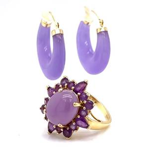 2-Piece Matching Jewelry Set Purple Jadeite Jade Hoop Earrings & Amethyst Jade Cocktail Ring in 14k Yellow Gold $1,385 Retail