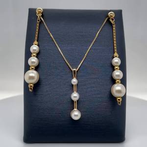 Genuine Pearls 2 Piece set Triple Cultured White Pearl Past, Present & Future Journey Pendant & Earrings in 14k Yellow Gold
