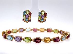 Outstanding  2-Piece Set Matching Earrings & Tennis Bracelet Semi-Precious Multi-Color Gemstone Bouquet in 14k Yellow Gold $1650 VIDEO