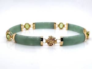 Good Fortune Auspicious Green Jade & Peridot Bar Link Bracelet in 14k Yellow Gold Asian Character Filigree Clasp