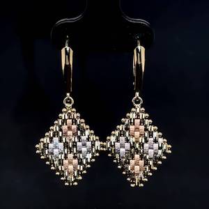 14k Yellow Gold Earrings Geometric Textured Mesh Dangles Tri-Color Gold Ideal Weight &amp Size for Everyday Comfort.&nbsp