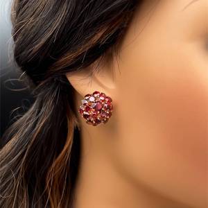 Vintage European Red Garnet Dome Cluster Bouquet Estate Clip-On Earrings in 18k Rose Gold