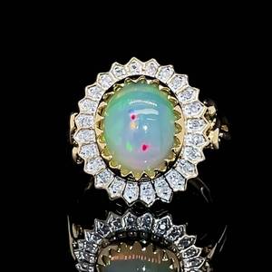 Vintage Keepsake Luxury Large Oval White Opal &amp Diamond Cluster Halo Sunflower Cocktail Estate Ring in Yellow Gold VIDEO