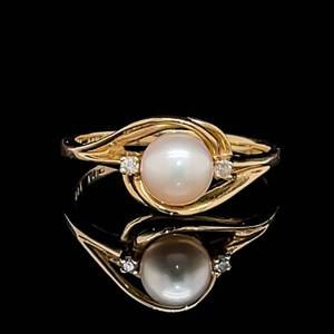 Alluring White Cultured Pearl Diamond Accent Waterfall Estate Ring in 14k Yellow Gold