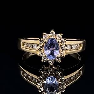 Eye-Catching Classic Oval Natural Tanzanite &amp Diamond Cluster Channel Estate Ring in 14k Yellow Gold