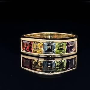 Rainbow Natural Amethyst, Citrine, Peridot, Garnet &amp Blue Topaz Channel Estate Ring in 14k Yellow Gold VIDEO
