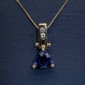 Modern Elegance 1.55ctw Trillion cut Blue Sapphire and Diamond Linear Drop Pendant in 14k Yellow Gold $1925 Retail VIDEO