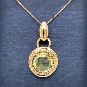 Faceted PrasioliteQuartz Rope Bezel Door Knocker Estate Pendant in 14k Yellow Gold