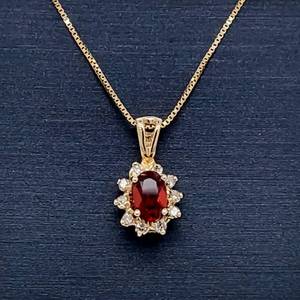 Vintage Looks Reddish-Brown Garnet &amp Diamond Cluster Halo Drop Estate Pendant in 14k Yellow Gold