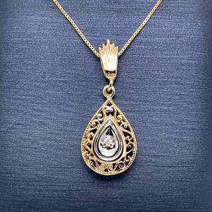 Vintage Elegance Diamond Raindrop Filigree Pendant w Art Deco Bail in 14k Two-Tone Gold Estate