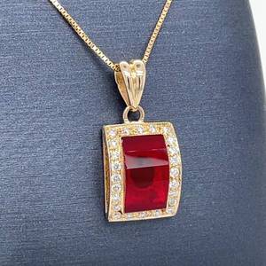 18k Yellow Gold Necklace w Fancy Faceted Deep Red Stone &amp .33ctw. VS Diamonds in Convex Shaped Modern Pendant including Box Link Chain $1650 Retail