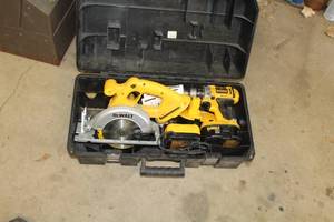 lot 72 image: DeWalt 18V Cordless Power Tools - DC390 6-12 Circular Saw, DC987 Heady Duty XRP 12 DrillDriver, Batteries (x2), Charger, Case