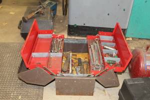 lot 74 image: 18 Metal Tool Box - Large Combination Wrenches, Hammer, Misc. Hand Tools, Hardware