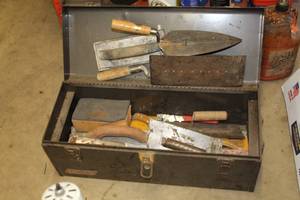 lot 119 image: 24-12 Metal Tool Box, Masonry Hand Tools