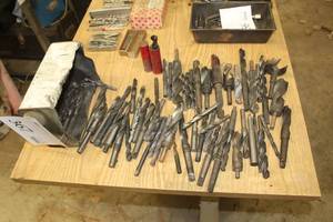 lot 367 image: Misc. Large Drill Bits, Metal Bin