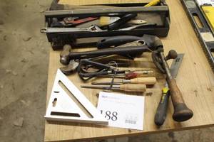 lot 188 image: Assorted Hand Tools, Metal Tool Tote - Square, Ball Peen Hammer, Hand Drill, Crescent Wrenches, Screwdrivers, Pipe Wrench, Misc. Tools