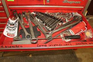lot 54 image: Hand Tools - Large Combination and Open End Wrenches, Long Screwdrivers, Snap-on Wrenches, Misc Wrenches
