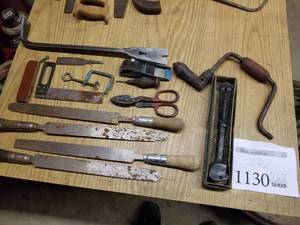 lot 1130 image: Hand Tools - Files, Hand Drill, Crow Bar, Snips, Clamps, Squares, Misc. Hand Tools