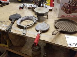 lot 478 image: Cookware - Cast Iron Ribbed Skillet, Scandinavian Krumkake Iron, Hoskins Electric Heating Appliance, Cast Iron Press