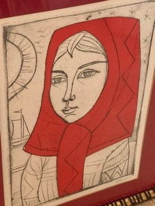 lot 32 image: Framed Numbered Art by Irving Amen entitled, Red Shawl