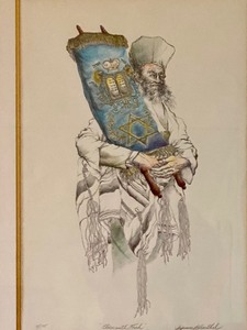 lot 138 image: Framed Lithograph Elder with Torah by Seymour Rosenthal