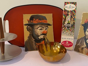 lot 157 image: Retro Fun Mid Century Tidbit Tray, Clown Paint by Numbers, Color Dip Candle & More