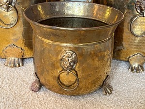 lot 184 image: Three Decorative Brass Planters w Decorative Lion Head Figurine Handles