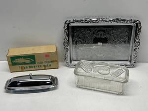 Vintage Butter Dish, Vegetable Dish and Serving Tray