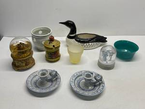 Assorted Glassware and Snow Globes
